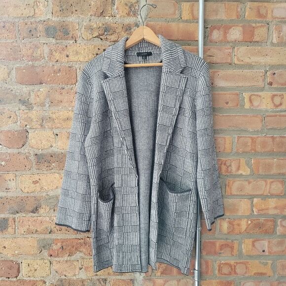 J Crew Sophie Open Front Knit Sweater Blazer Glen Plaid Black Grey Size Medium - Picture 2 of 7